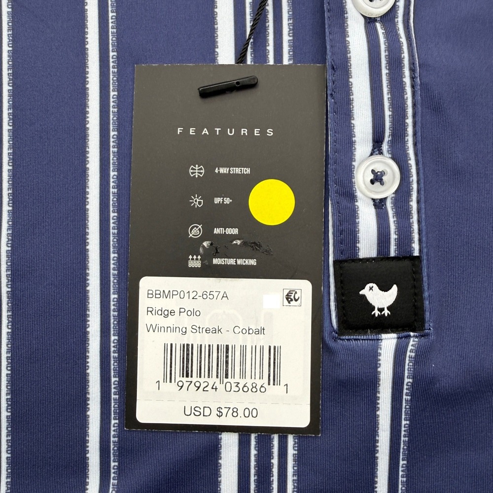 Bad Birdie Ridge Polo Men L Large Winning Streak Cobalt Stripe Golf Shirt UPF 50 - Picture 3 of 5